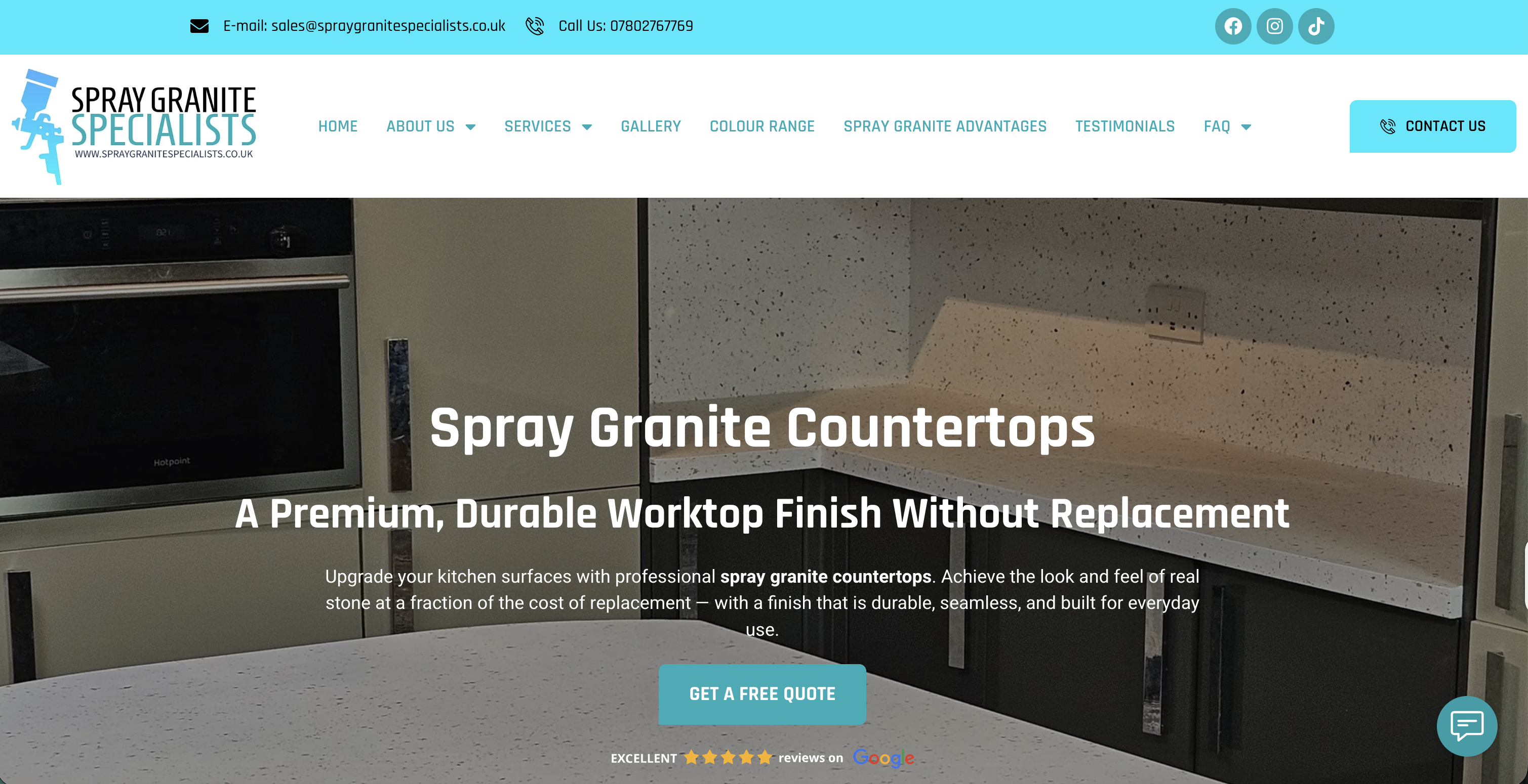 The homepage of Spray Granite Specialists. A top bar shows an email address and phone number, the menu includes gallery and testimonials, and a photo of a finished kitchen worktop carries a Get a free quote button and a Google reviews rating.